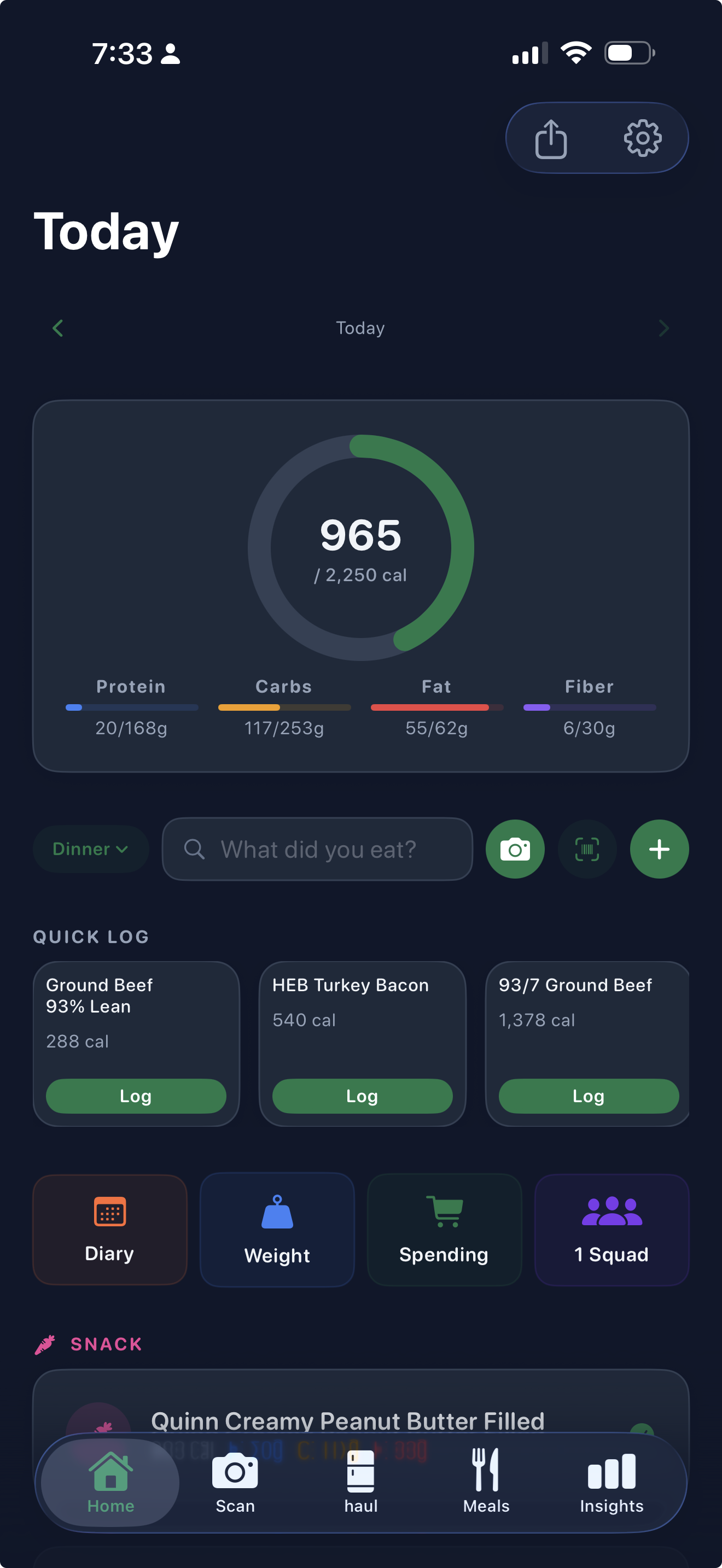 haul app showing calorie tracking dashboard with macros, quick log, and navigation